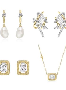 何家原厂925纯银度假系列编织方糖爱心结珍珠耳环女项链耳钉