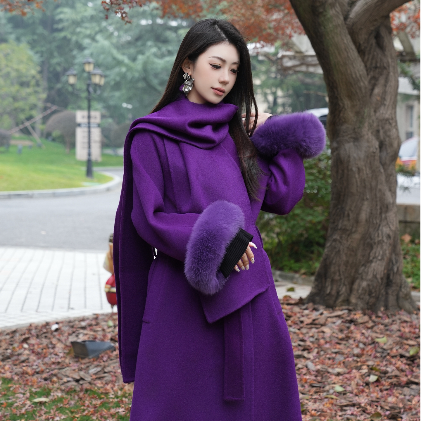 檐握新中式贵族紫100%双面呢羊毛大衣女慵懒披肩时尚狐狸毛袖外套