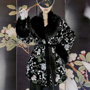 珠片丝绒刺绣拼狐狸毛收腰百搭棉服外套女 新中式 檐握 繁华锦绣
