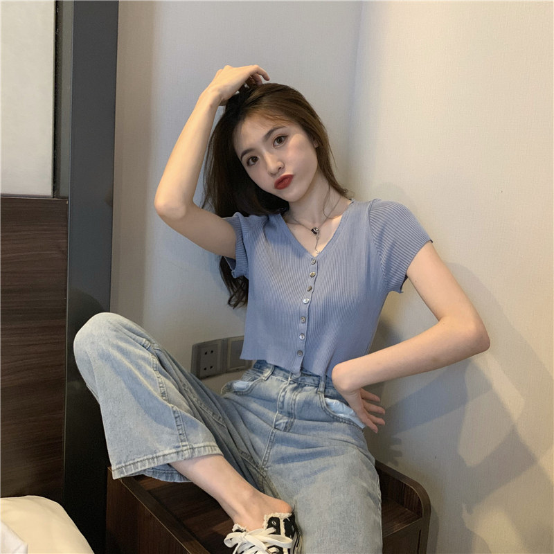 复古V领针织开衫2020新款夏季短款短袖外套薄上衣女短款修身高腰