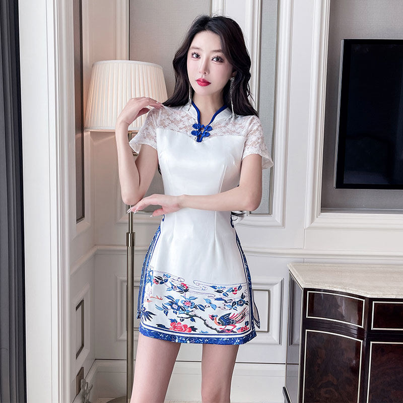 复古花色包臀短款旗袍连衣裙中国风采耳沐足养生足浴技师工作服女