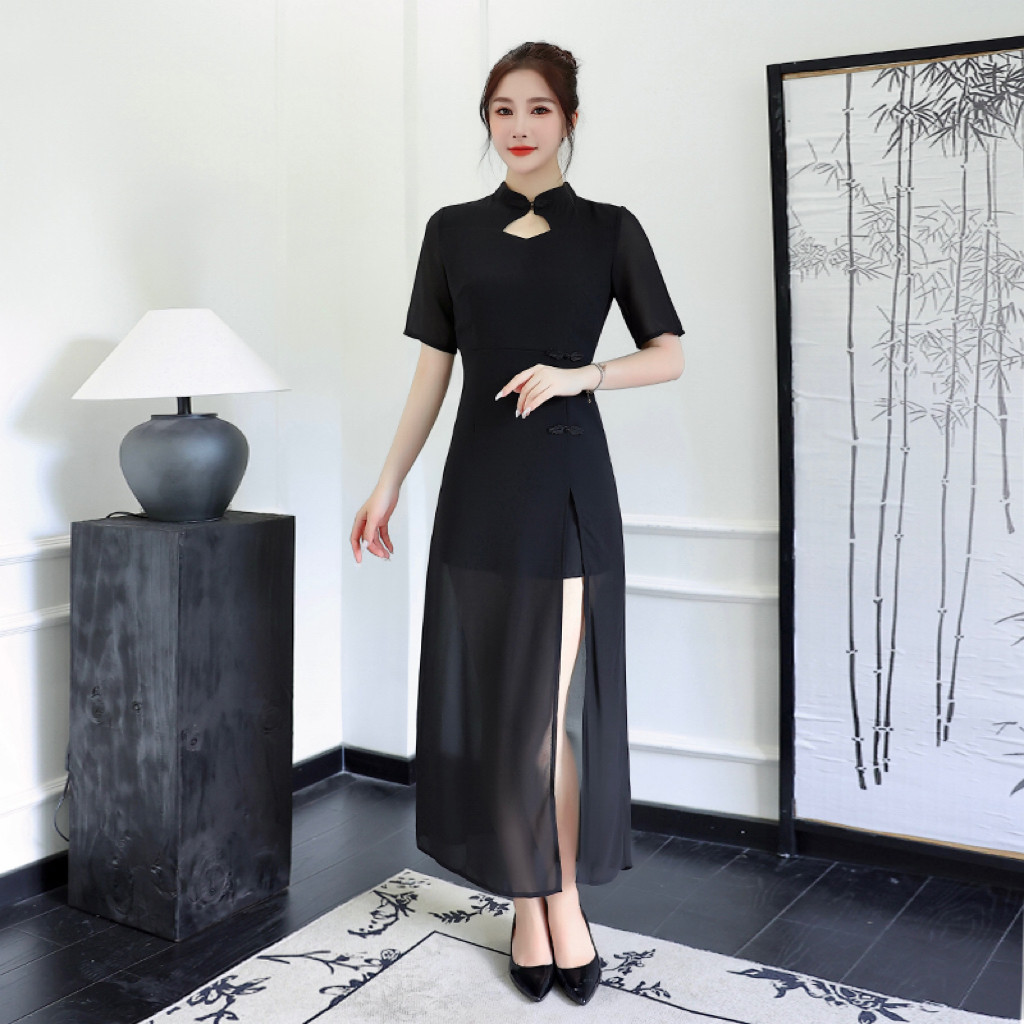 黑色显瘦长款旗袍连衣裙技师服