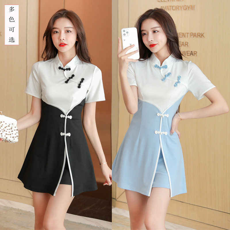 足疗女技师衣服遮肚子足浴工作服旗袍连衣裙气质裤子套装新款夏季