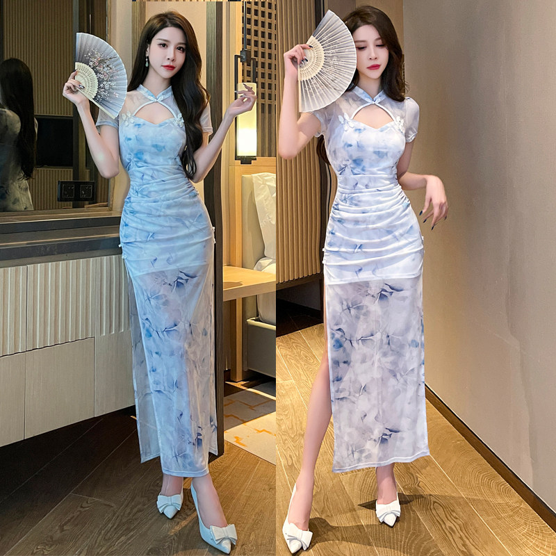 复古印花旗袍长裙性感开叉晚礼服