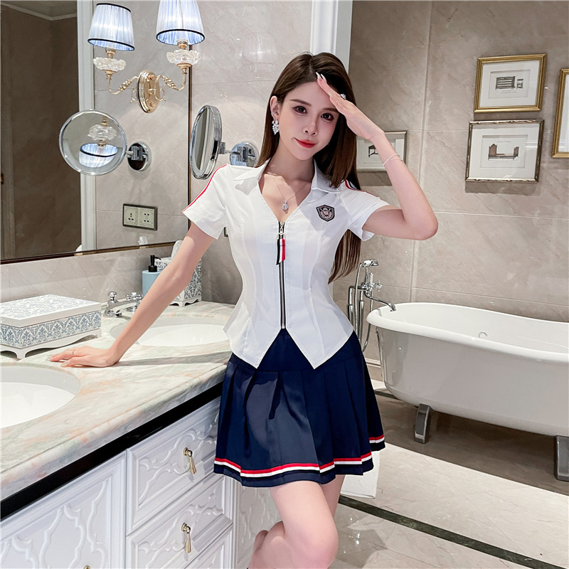 学院风制服拉链款套装百褶裙足疗足浴技师工作服柔式按摩洗浴工装