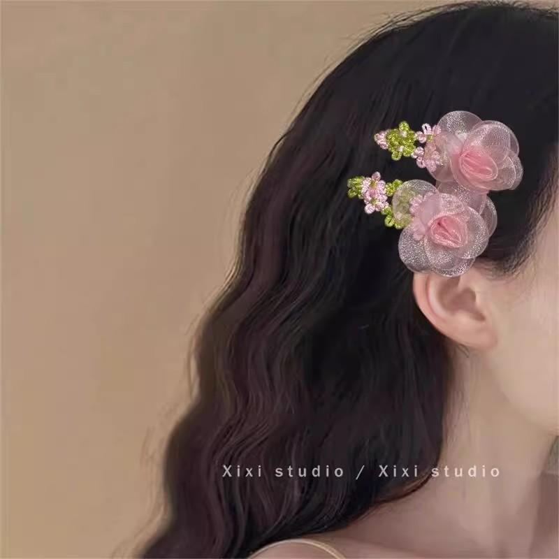 网纱花朵超仙夹甜美粉色头花田园风氛围感刘海夹少女心侧边BB夹