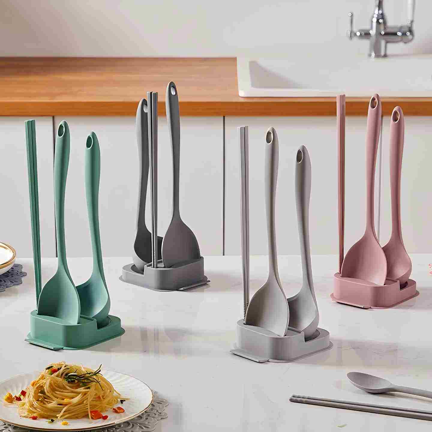 韩国可立式硅胶厨具套装辅食炒勺汤勺长筷子不粘锅专用厨房四件套