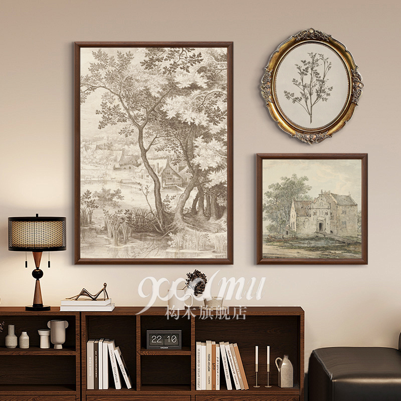 中古风餐厅餐边柜挂画组合法式黑白素描玄关卧室装饰画高级感壁画图片
