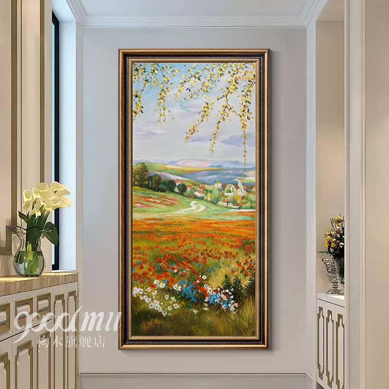 美式入户玄关装饰画田园风景楼梯走廊过道尽头挂画竖版客厅中堂画图片