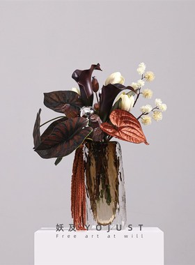 妖及 氛围感轻奢仿真花束 酒店售B楼部会所水波纹琉璃花器软装摆