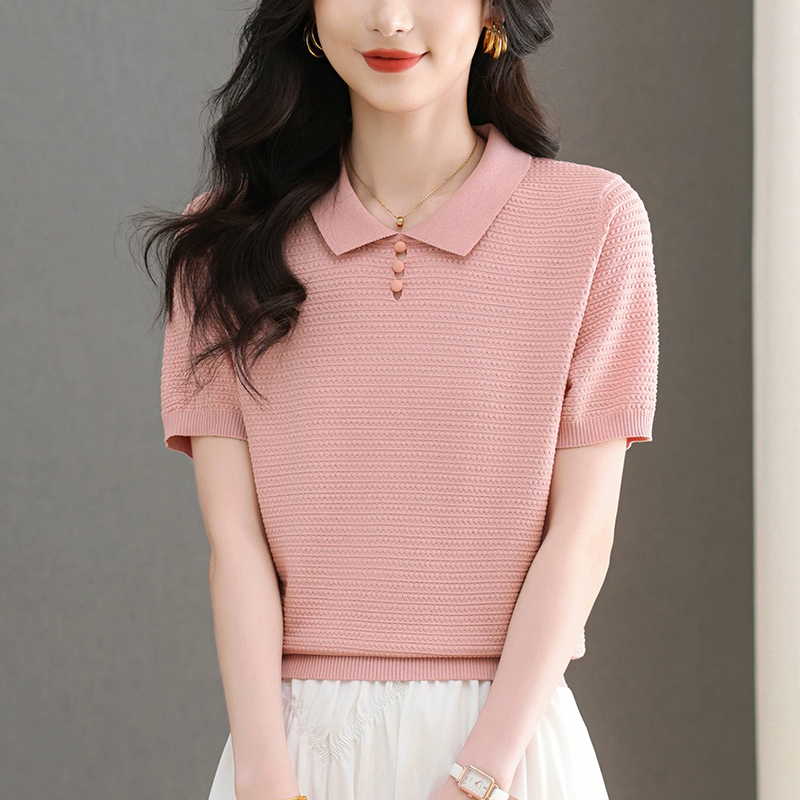 polo领冰丝针织t恤女短袖夏季2025新款中年妈妈打底小衫上衣薄款