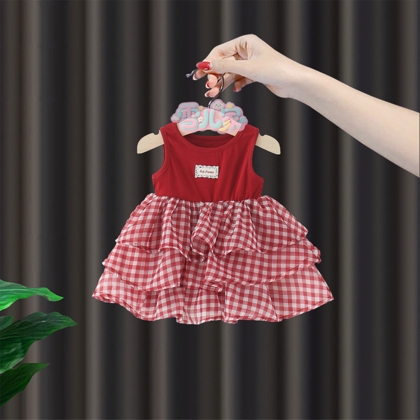 周岁女宝礼服女童夏季连衣服格子背心蓬蓬裙婴儿抓周宴洋气公主裙