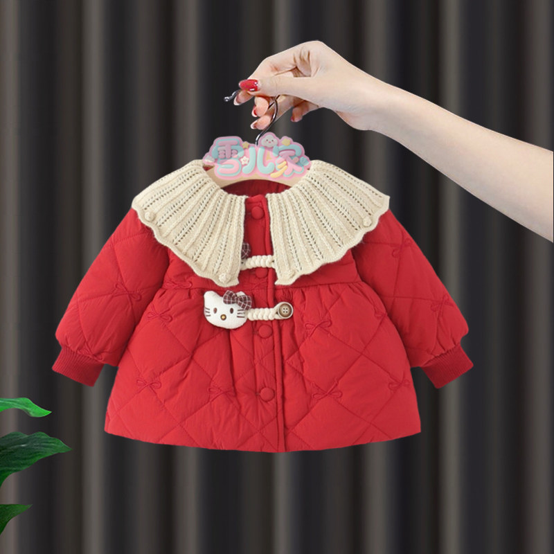 宝宝冬季棉服女童冬装加绒棉袄婴儿kt猫外套红色袄子韩版加厚棉衣