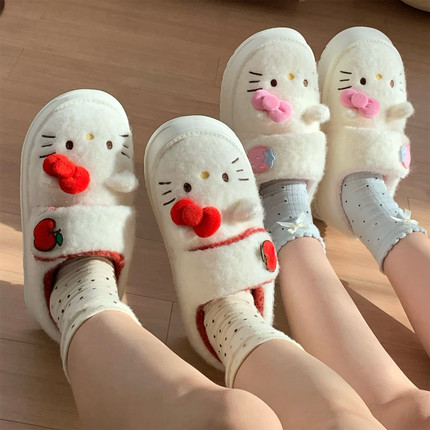 防滑厚底女冬外穿加绒面包鞋时尚网红正版HelloKitty猫魔术贴棉鞋