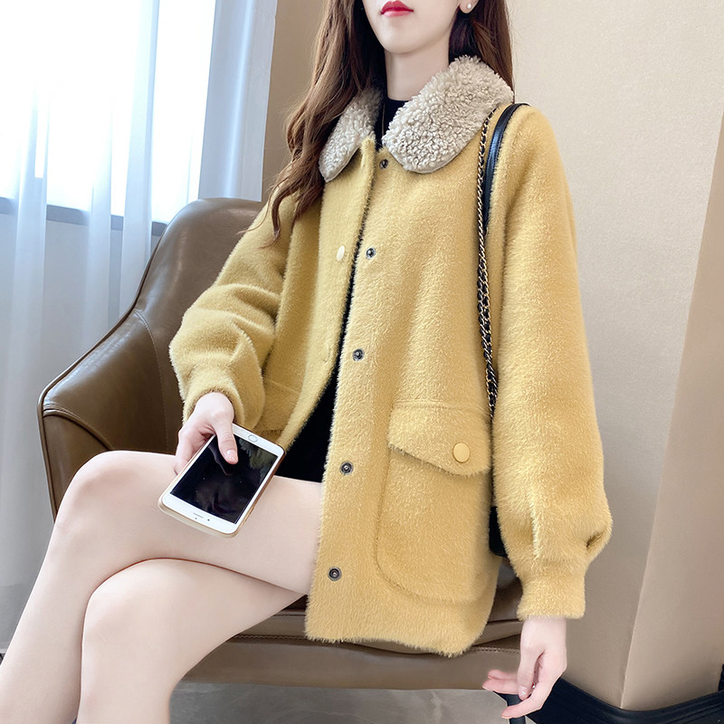 外套2020年新款女水貂绒毛衣小个子洋气短款秋冬拼接外穿针织开衫