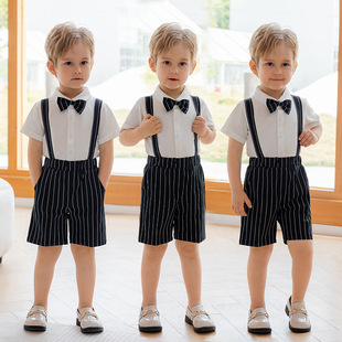 儿童主持人礼服小男孩毕业服夏季 男童背带裤 白衬衫 短袖 演出服 套装
