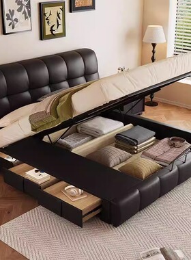 意式极简泡芙真皮床主卧室大床高端大气简约现代黑色双人软包婚床