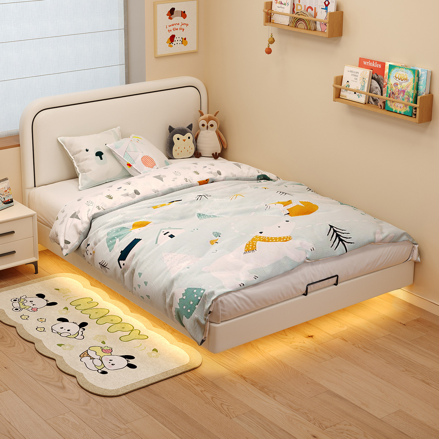 全实木奶油风薄床头悬浮儿童床小户型榫卯结构单人静音公主床定制,住宅家具,儿童床/儿童抽拉床,淘宝优惠券,粉丝福利购,淘宝优惠卷