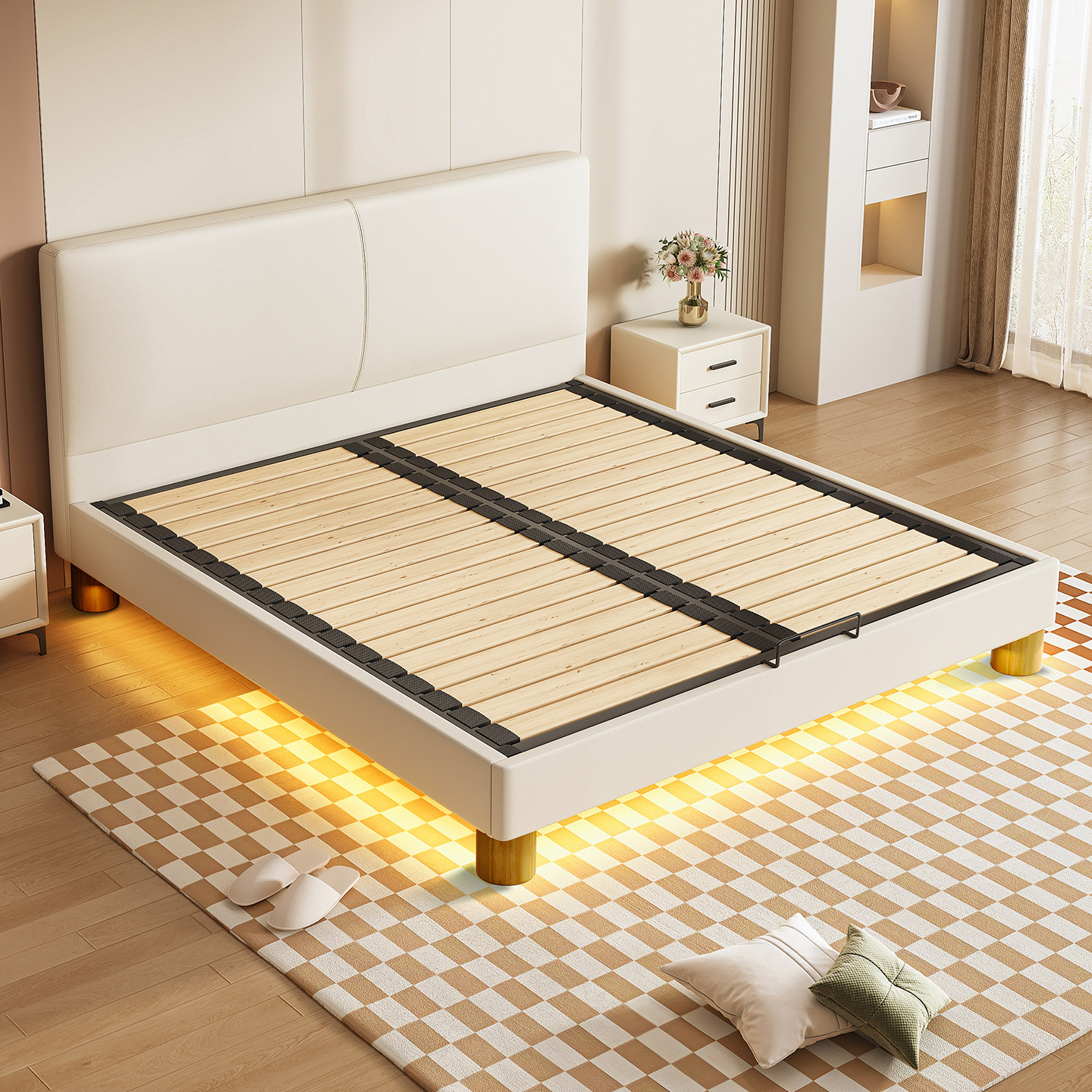 全实木薄床头小户型1.5m现代简约钢木床卧室双人床可定制任意尺寸