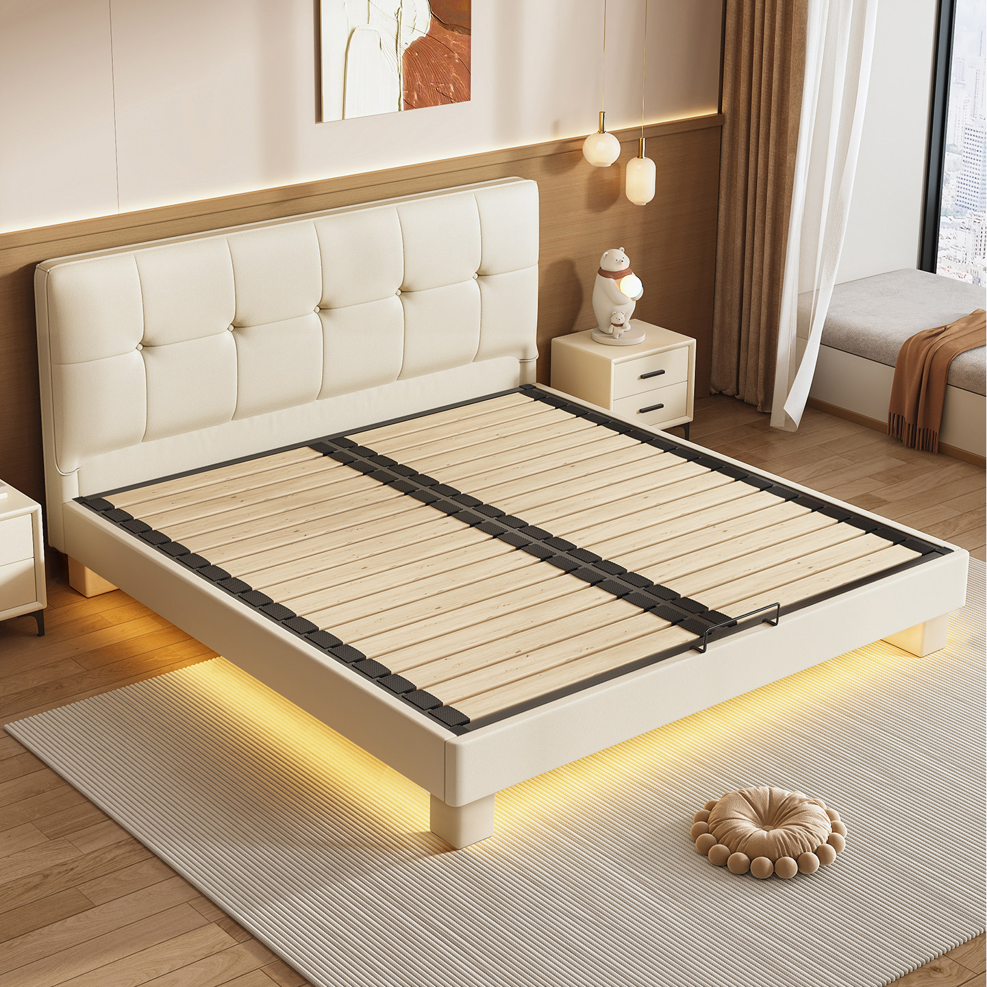 政府补贴奶油风全实木薄床头床1.5m小户型钢木静音双人可定制尺寸