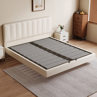 奶油风纯实木薄床头主卧钢木床现代简约省空间床静音双人床可定制