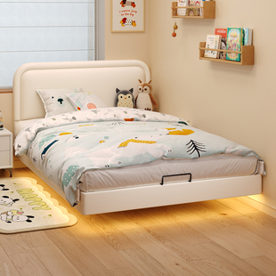 全实木奶油风薄床头悬浮齐边床小户型卧室榫卯结构儿童静音床定制