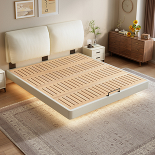 奶油风主卧大象耳朵静音悬浮床软靠可调节小户型榉木双人床可定制