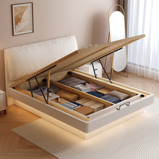 奶油风悬浮全实木小户型薄床头静音储物床主卧双人床可定制尺寸