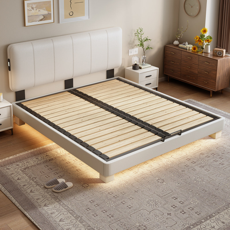 奶油风全实木拼色可调节薄床头齐边床小户型钢木静音床可定制尺寸