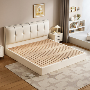 奶油风薄床头满铺床板榻榻米落地齐边榉木床静音双人床支持定制