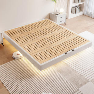 全实木无床头悬浮床现代简约小户型满铺加厚榉木排骨架榻榻米床架