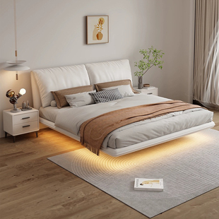 真皮悬浮床轻奢软包床奶油风1.8m大象耳朵床卧室带灯氛围感双人床