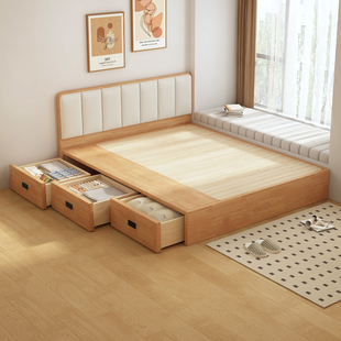 实木薄床头原木色榻榻米储物床主卧三抽高箱储物床1.5m静音双人床
