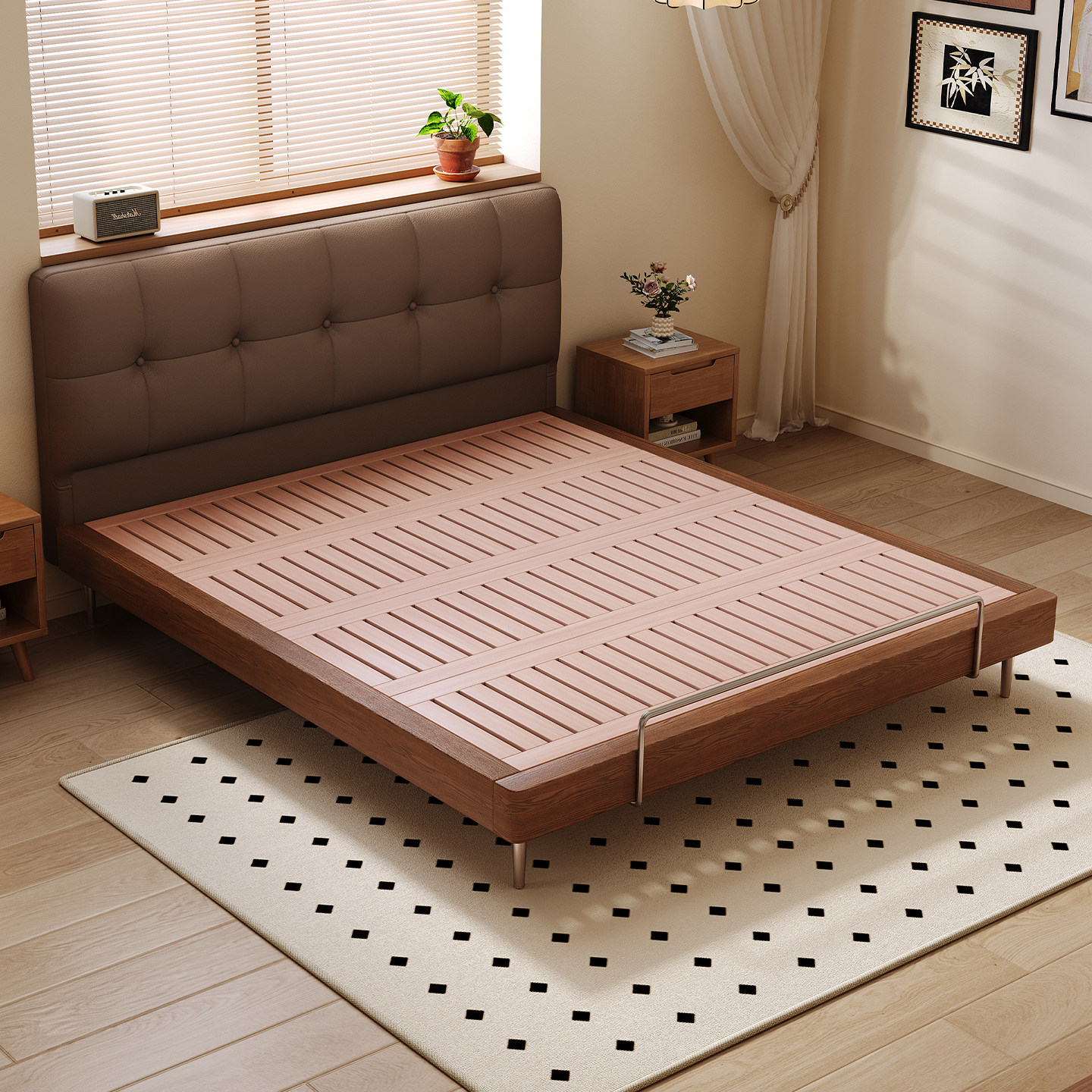 小户型纯实木薄床头满铺榉木静音双人主卧床卧室齐边床可定制尺寸