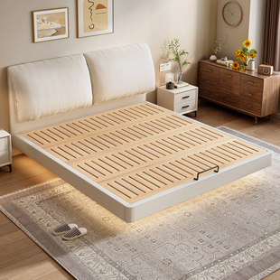 奶油风大象耳朵静音床榉木床板小户型全实木双人床可定制任意尺寸