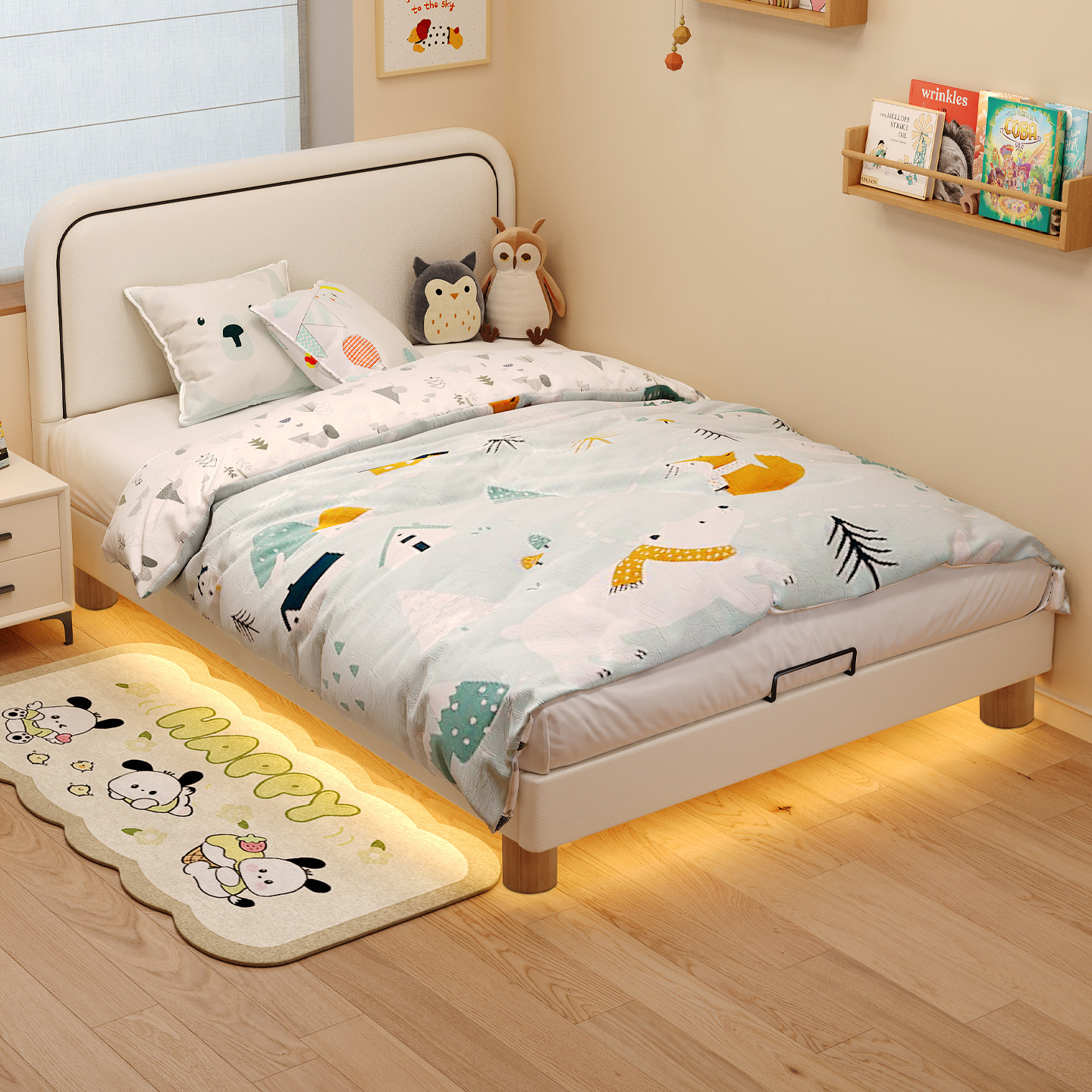 纯实木奶油风加宽加厚小户型1.2米男孩软包儿童床女孩1.5米主卧床