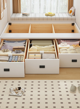 全实木无床头高箱储物床卧室小户型超大三抽落地榻榻米床定制尺寸