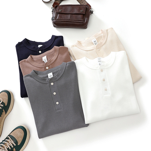 美式260G休闲亨利衫复古重磅TEE高品质华夫格素色长袖T恤打底衫男