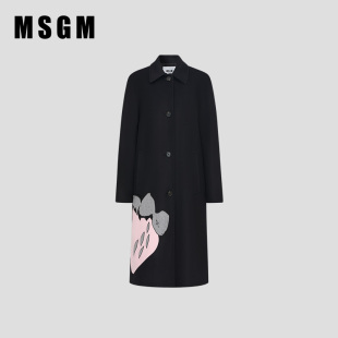 显瘦遮肉 女装 MSGM早春新款 女士黑色草莓图案羊毛大衣毛呢外套大码