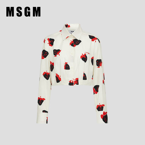 MSGM早秋新款女士法式草莓印花纯棉长袖短款衬衫上衣