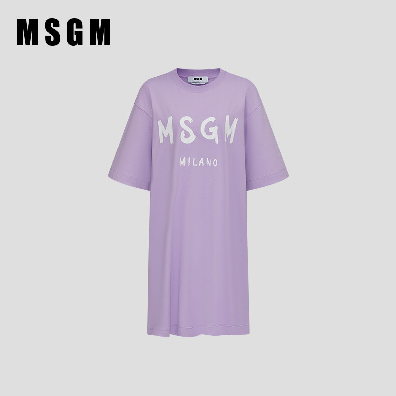 MSGM早秋女手绘徽标LOGO印花圆领纯棉超大短袖T恤式连衣裙粉色