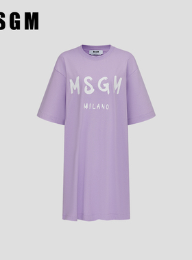 MSGM早春女士手绘徽标LOGO印花圆领纯棉超大短袖T恤式连衣裙粉色