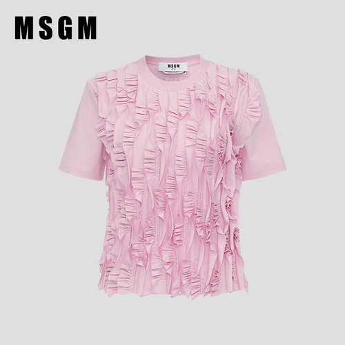 MSGM早春新款女士褶皱多色纯棉简约圆领短袖T恤