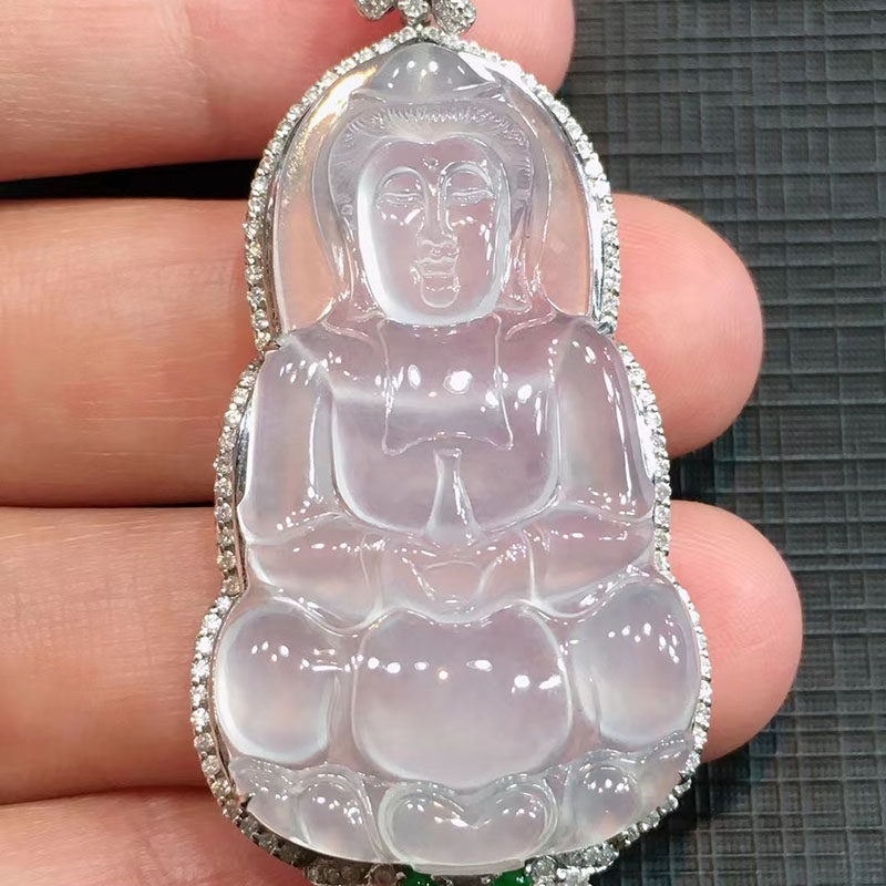 翠秦之皇高冰观音吊坠 18k金镶嵌天然a货缅甸翡翠冰润种好色好