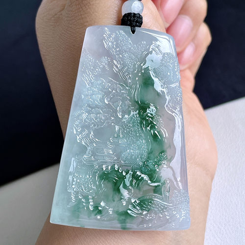 翠秦之皇冰飘花山水牌吊坠 玉石老坑种天然翡翠A货高档礼物收藏