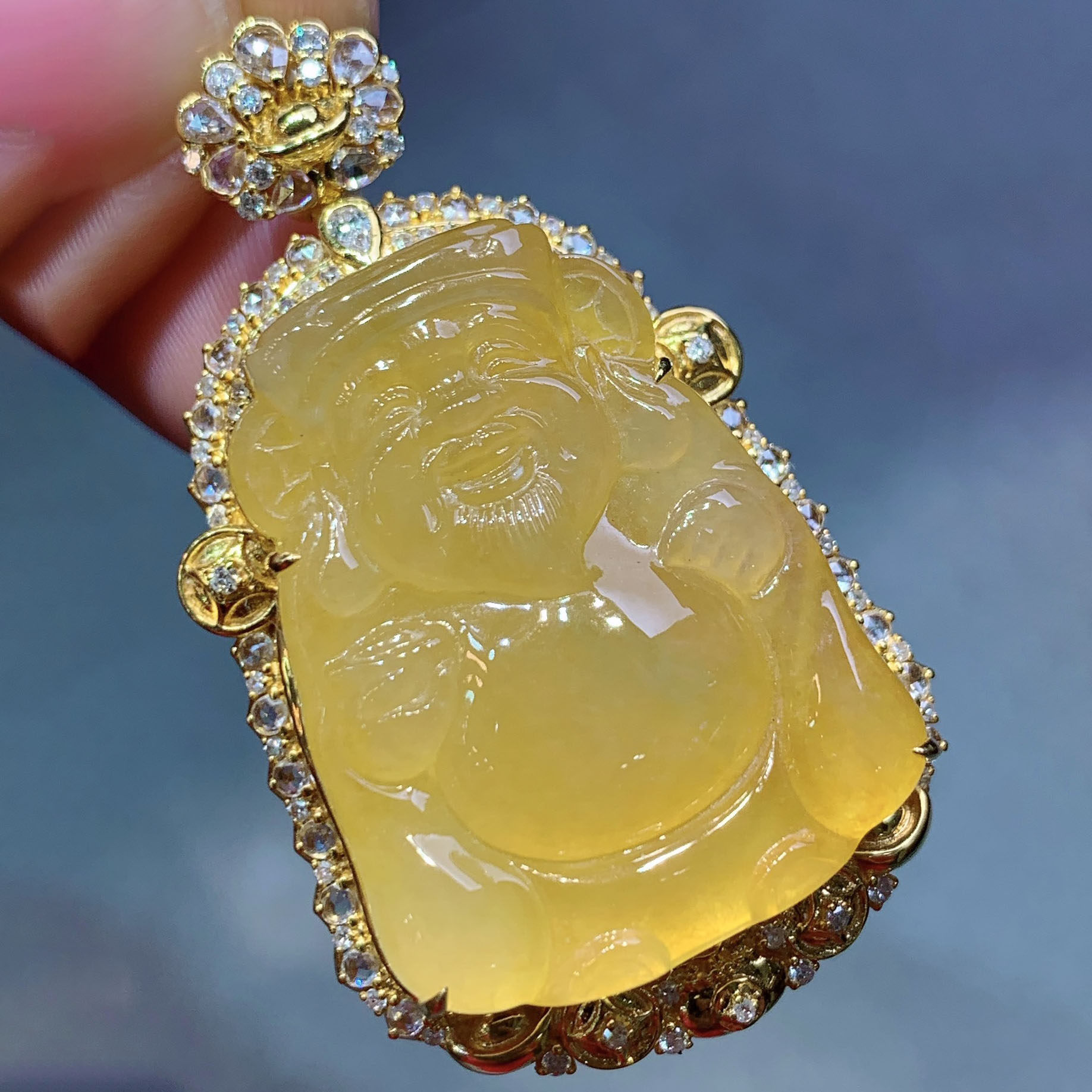 翠秦之皇冰黄翡大财神 18k金镶嵌天然缅甸翡翠a货水润细腻种老