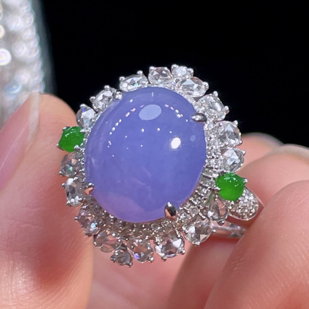 翠秦之皇冰紫罗兰蛋面戒指 18k金镶嵌天然翡翠A货高档礼物收藏