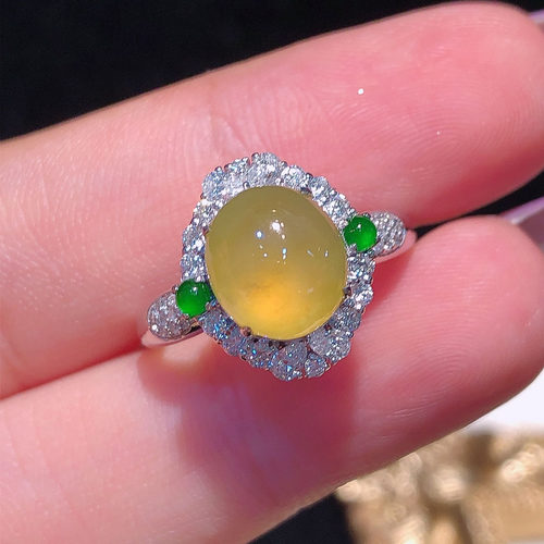 翠秦之皇冰黄翡翠蛋面戒指 18k金镶嵌天然翡翠A货种色兼备气质