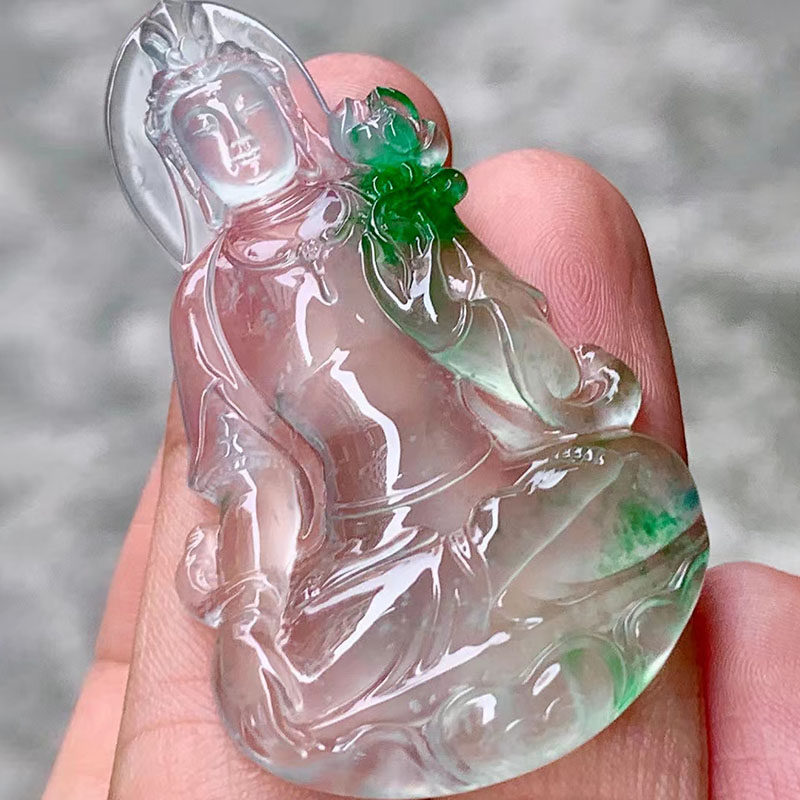 翠秦之皇玻璃种绿花观音吊坠 天然翡翠A货缅甸玉石种老细腻冰透