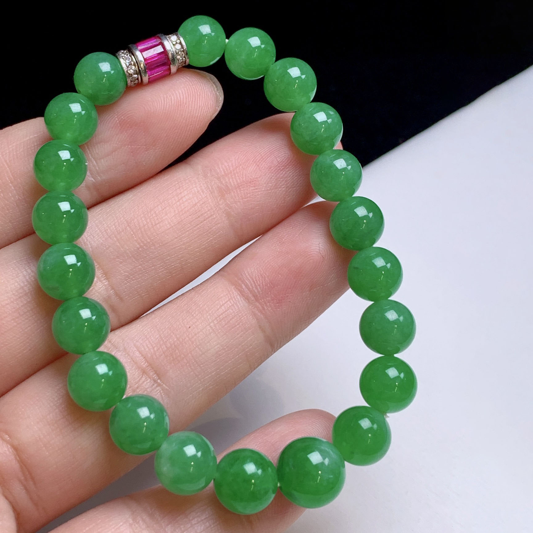 翠秦之皇冰阳绿圆珠手串 玉石老坑种天然翡翠A货